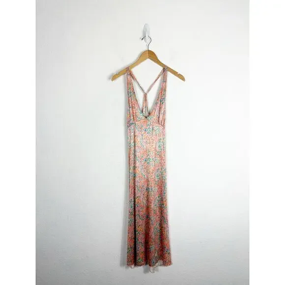 Free People Nowhere To Be Slip Dress Medium Midi Coral Floral Stretch Satin - Picture 3 of 14